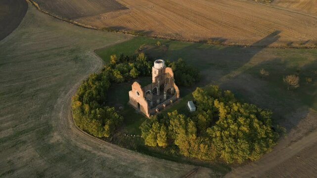 Aerial view of medieval Romanesque church ruin Aracha