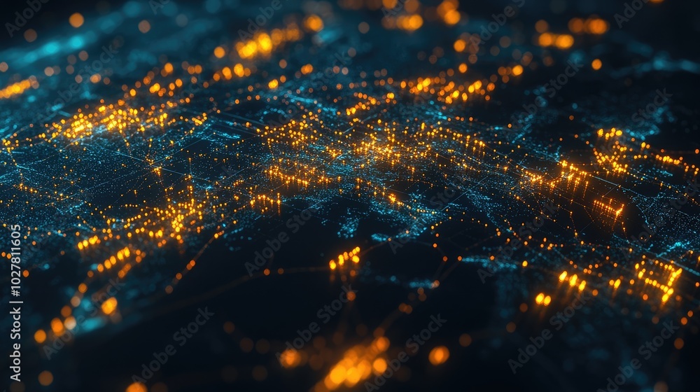 Poster high-tech representation of global networking with illuminated lines and data points mapping a digit