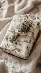 A photo of an elegant, wrapped gift with natural twine and dried thyme tied around it, sitting on top of a vintage-style tablecloth