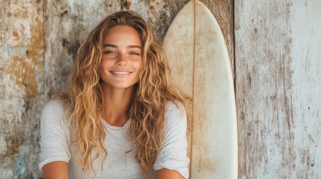 A serene woman with curly hair rests against a rustic wooden wall, accompanied by her surfboard, evoking calm and the timeless appeal of coastal adventure life.