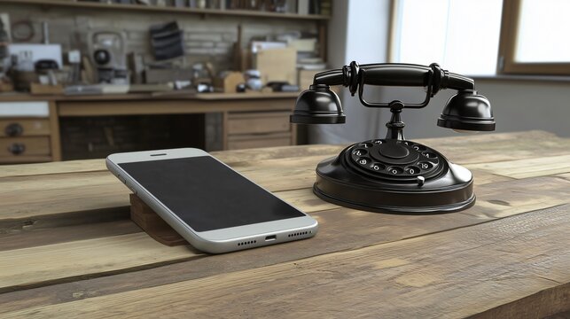 Old rotary phone and modern mobile phone resting on desk - Powered by Adobe