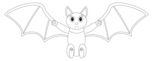 Fun and cute Halloween coloring page of an adorable bat with large wings. Perfect for kids coloring activities and crafts.