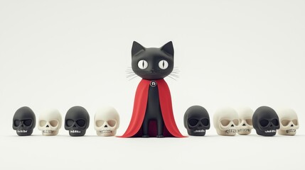 Obraz premium A whimsical figurine of a black cat in a cape stands proudly among various skulls, creating a playful yet eerie atmosphere.
