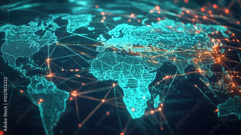 Poster high-tech visualization of global connections with vibrant, animated lines and nodes forming a detai