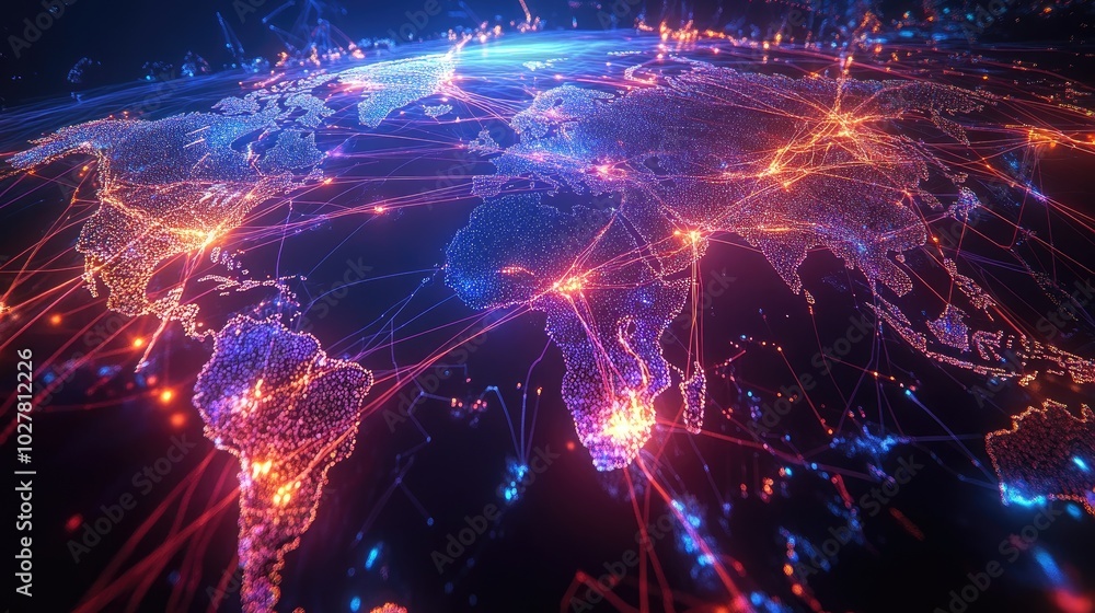 Poster high-tech visualization of global connections with vibrant, animated lines and nodes forming a detai
