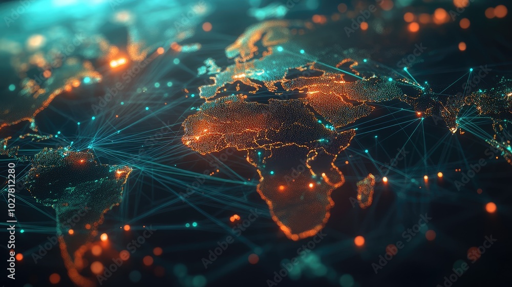 Poster high-tech visualization of global connections with vibrant, animated lines and nodes forming a detai