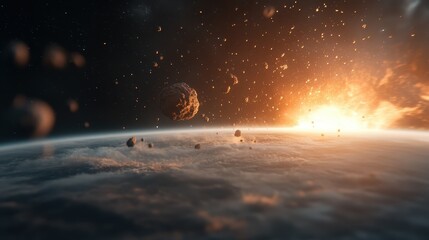 Asteroids with fiery trails hurtle towards Earth's surface, depicting a dramatic scene of cosmic danger, impactful celestial bodies, and natural phenomena in space.