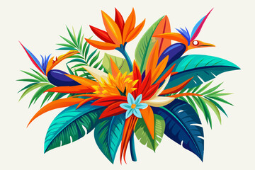 A tropical bouquet featuring Birds of Paradise with vibrant orange and blue feathers