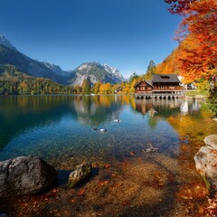 Fototapeta premium captivating autumn scene of hinterer langbathsee lake