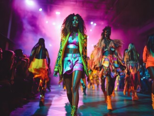 models strutting down a vibrant runway during a high-energy fashion show, showcasing bold designs and eclectic styles in a dynamic, glamorous atmosphere