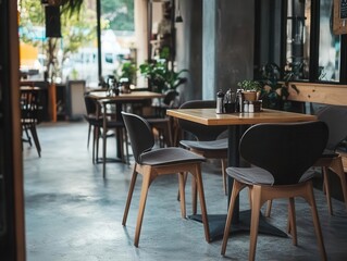 modern cafe interior showcasing stylish chairs and tables neatly arranged on a concrete floor, creating an inviting and contemporary dining atmosphere
