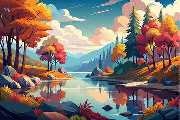 A vibrant autumn landscape with colorful foliage reflected in the calm waters of a coastal bay