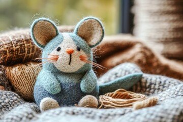 Charming handmade catnip-stuffed mouse toy sitting on a knitted blanket