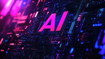 Innovative logo with "AI" in a cutting-edge typeface, complemented by abstract digital effects and a vibrant backdrop