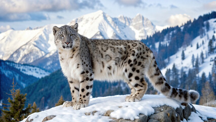 Fototapeta premium Captivating image of a snow leopard in a snowy mountain landscape. Ideal for environmental campaigns, wildlife landscapes, educational projects, and winter-themed advertising.