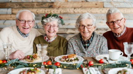 smiling Caucasian elderly senior family and friendship dinning together on celebration christmas festival together