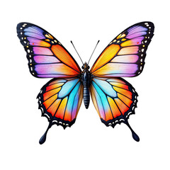 A colourful butterfly with vibrant purple, orange, and blue wings against a white background