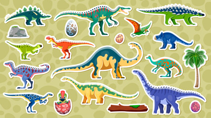 Prehistoric dinosaur stickers, vector dino species, eggs and elements like palm tree, fallen log and rock. Colorful isolated patches with ancient reptile animals against patterned background