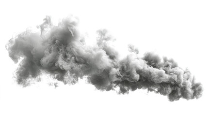 Dense gray smoke billows dramatically against a white background, creating an ethereal atmosphere