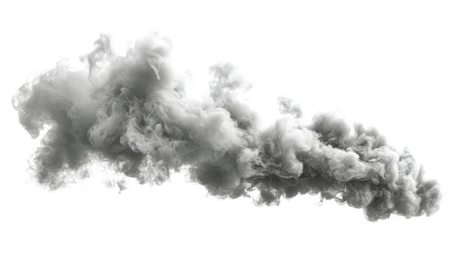 Dense gray smoke billows dramatically against a white background, creating an ethereal atmosphere