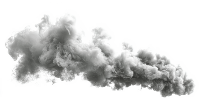 Dense gray smoke billows dramatically against a white background, creating an ethereal atmosphere