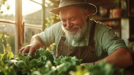 An image depicting a contented farmer in a straw hat attentively tending vibrant vegetables in a rustic, sunlit garden, illustrating life’s simple pleasures.