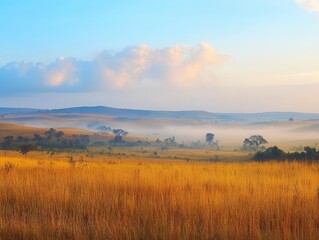Fototapeta premium morning mist enveloping a picturesque savanna, with soft clouds drifting lazily over golden grasslands, creating a serene and peaceful atmosphere