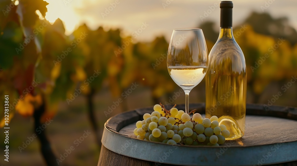 Wall mural still life with white wine, grapes on vintage barrel in vineyards on background