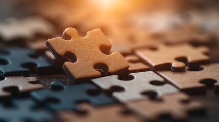 A collection of puzzle pieces is assembled on a table with sunlight reflecting off them, illustrating the concepts of teamwork, creativity, and completion.