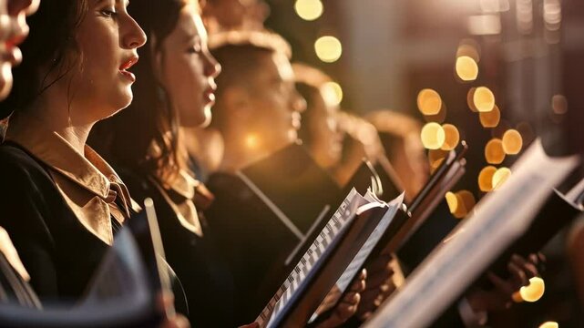 Choir group performing christmas carols at candlelight service. singers hold sheet music while warm festive lights glow in background, creating joyful holiday atmosphere.
