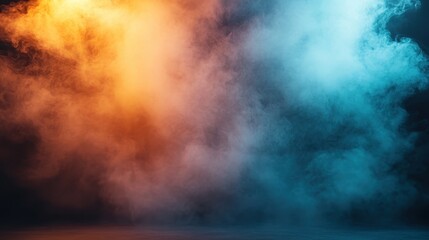 An artistic representation of dramatic smoke in surreal shades of deep blue and fiery orange fills the frame, creating a captivating modern art piece to admire closely.