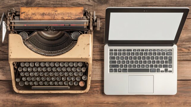 Old typewriter next to modern laptop showing technological evolution