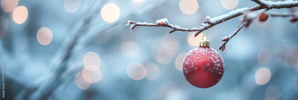 Poster red christmas ornament hanging on a snowy branch with soft bokeh background. festive decoration for 
