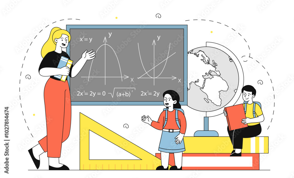 Poster studying mathematics in school. teacher and students stand near blackboard with formulas and equatio