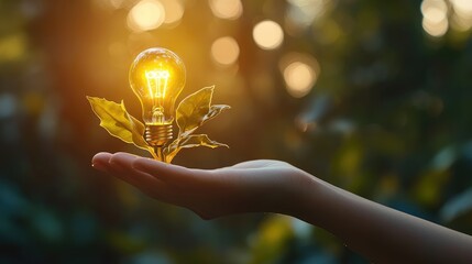 Lightbulb emerging from a hand like a plant, symbolizing growth and ideas