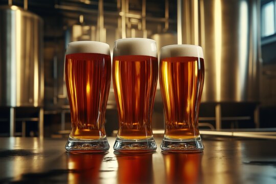 Different Beer samplers in glasses, Jugs, mugs, pints of brew beverage, ale, cider on  table in modern brewery.