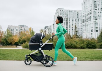 Young mother jogging in the city park running while pushing a sport stroller