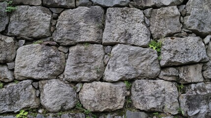 Fototapeta premium Close-up of a Rough Stone Wall with Green Foliage Growing in Cracks