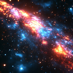 Naklejka premium stunning cosmic scene featuring vibrant galaxy filled with bright electric colors, showcasing swirling patterns of stars and cosmic dust. image evokes sense of wonder and exploration