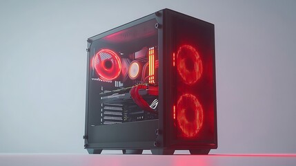 A black computer case with red lights and a fan.

