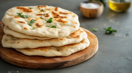 A stack of freshly made flatbreads garnished with herbs, resting on a wooden board, presenting a rustic culinary delight perfect for any meal occasion.