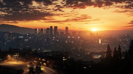 Fototapeta premium A breathtaking view of a cityscape at sunset, with the sun shining through the clouds and illuminating the buildings.