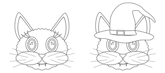 Printable Halloween cat coloring page featuring a cute cat with and without a witch hat. Fun and spooky activity for kids.