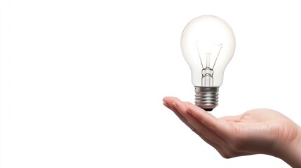 Lightbulb held in a hand, emitting a soft glow, against a pure white backdrop, clear space for adding your message