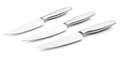Fototapeta premium Stainless steel kitchen knife set, featuring smooth ergonomic handles and precision blades, isolated on white for a sleek, elegant look