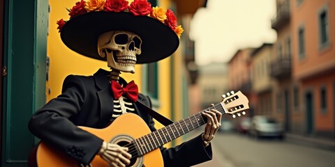 Celebración del Día de Muertos en México, un esqueleto tocando la guitarra en una colorida calle, simbolizando la tradición y la alegría de esta festividad cultural.