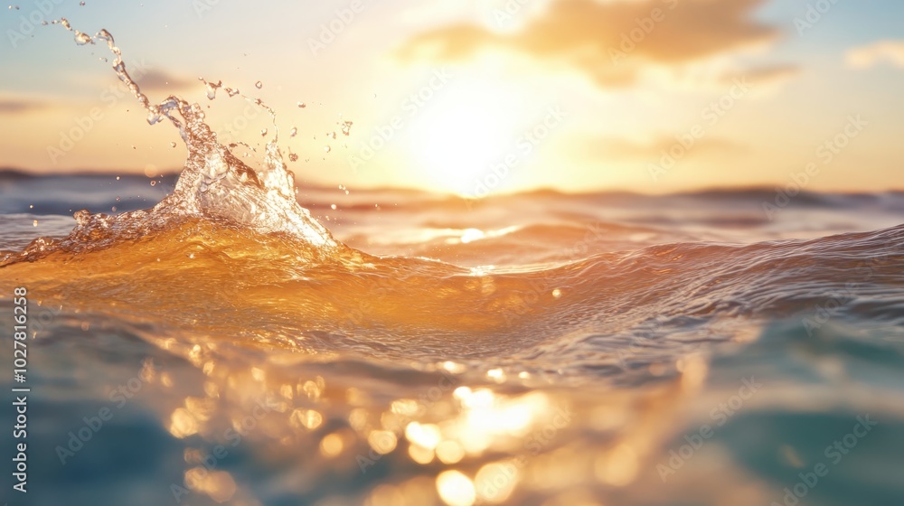 Poster this striking image captures a dynamic ocean wave splashing vividly under the golden glow of a radia