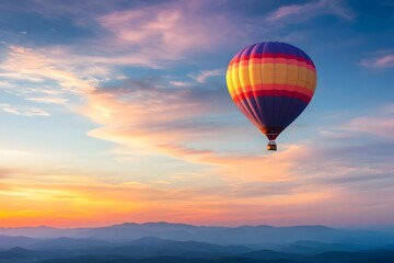 Fototapeta premium Vibrant Hot Air Balloon Floating Above Stunning Mountainous Landscape at Sunrise