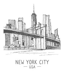 Vector architecture sketch illustration. Travel sketch of New York, USA. Liner sketches architecture of Brooklyn bridge. Freehand drawing. Sketchy line art drawing with a pen on paper.