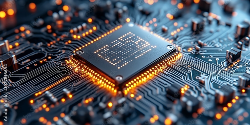 Poster close-up of a computer chip with glowing lights.